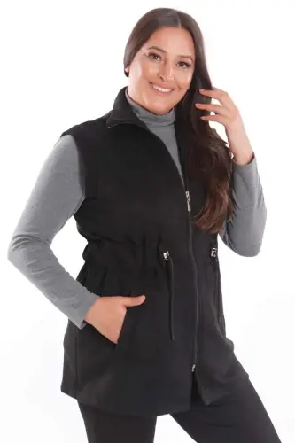 Büyük Beden Süet Bel Lastik ve Cep Detaylı Siyah Yelek - 1