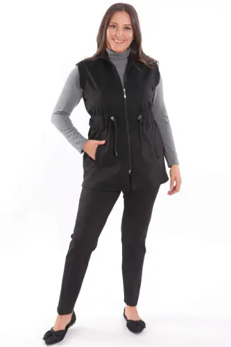 Büyük Beden Süet Bel Lastik ve Cep Detaylı Siyah Yelek - 4