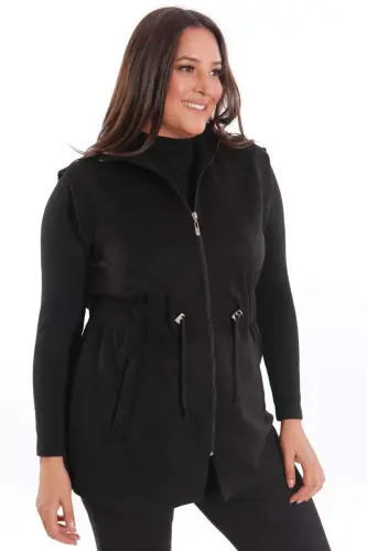 Büyük Beden Süet Bel Lastik ve Cep Detaylı Siyah Yelek - 5