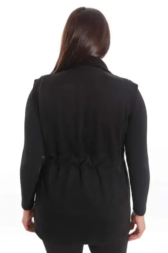 Büyük Beden Süet Bel Lastik ve Cep Detaylı Siyah Yelek - 7