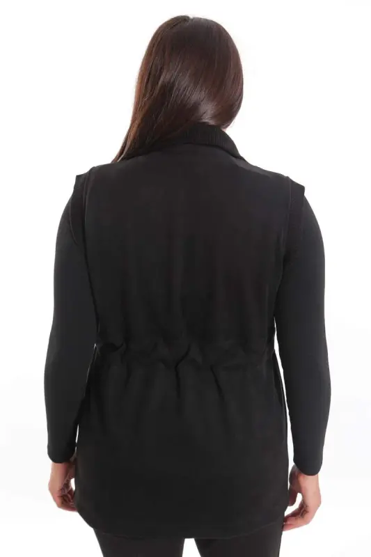 Büyük Beden Süet Bel Lastik ve Cep Detaylı Siyah Yelek - 7