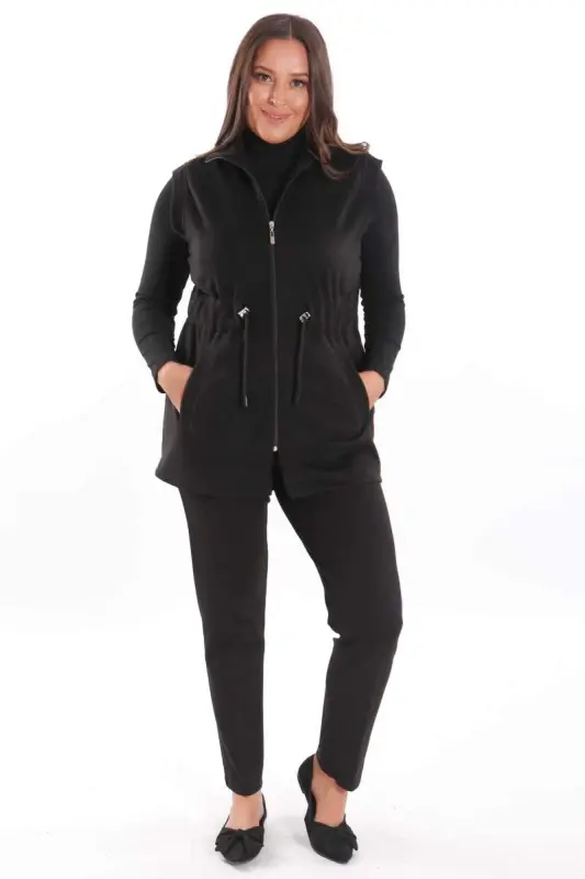 Büyük Beden Süet Bel Lastik ve Cep Detaylı Siyah Yelek - 2