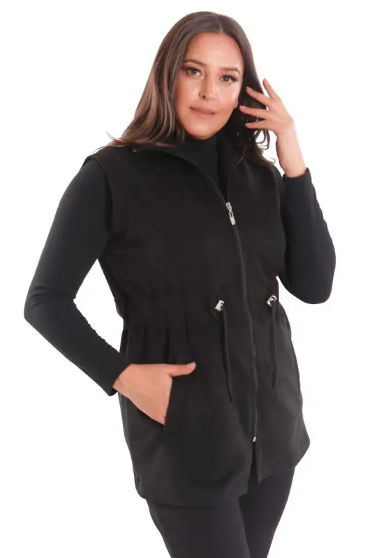 Büyük Beden Süet Bel Lastik ve Cep Detaylı Siyah Yelek - 6