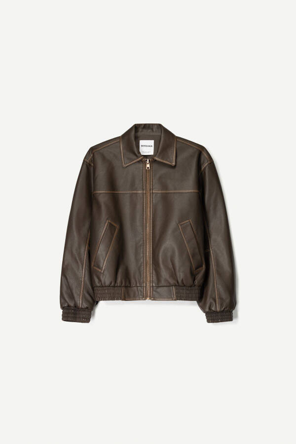 Oversize suni deri ceket-Brown - 2