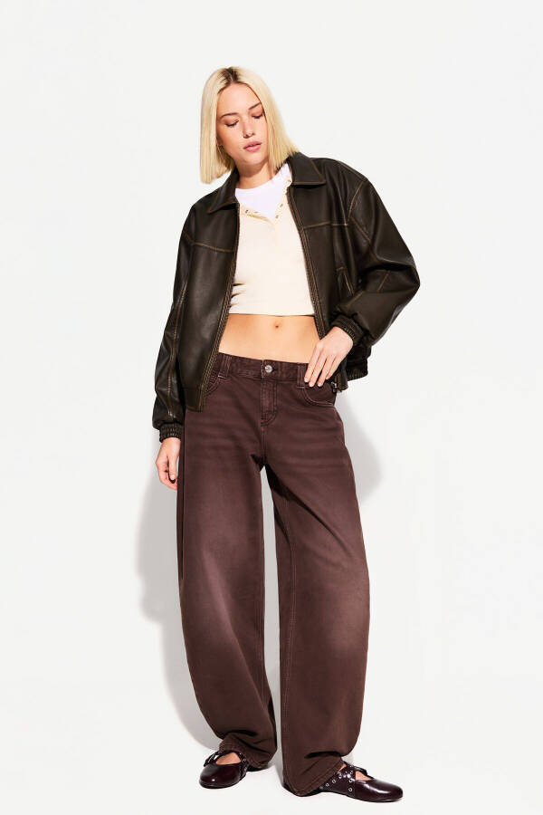 Oversize suni deri ceket-Brown - 4