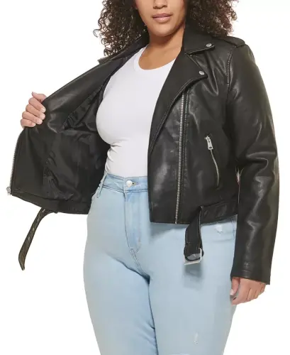 Plus Size Faux Leather Belted Motorcycle Jacket - Black Black - LEVI'S (1)