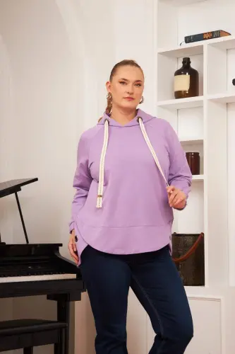 Büyük Beden Süslemeli Bağcıklı Kordon Sweatshirt Lila - 3