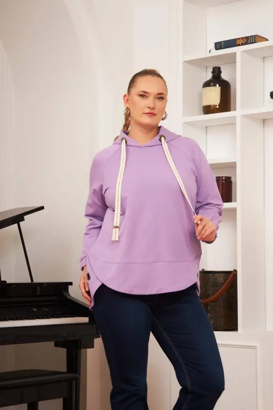Büyük Beden Süslemeli Bağcıklı Kordon Sweatshirt Lila - 3