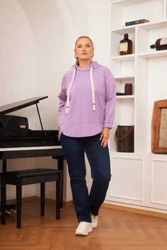 Büyük Beden Süslemeli Bağcıklı Kordon Sweatshirt Lila - 5