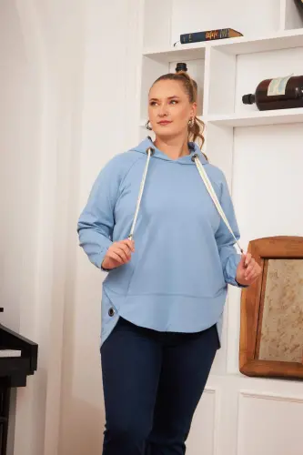 Büyük Beden Süslemeli Bağcıklı Kordon Sweatshirt Mavi - 2