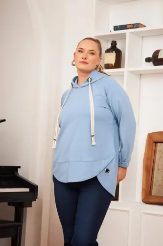 Büyük Beden Süslemeli Bağcıklı Kordon Sweatshirt Mavi - 3