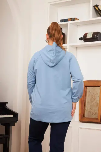 Büyük Beden Süslemeli Bağcıklı Kordon Sweatshirt Mavi - 6