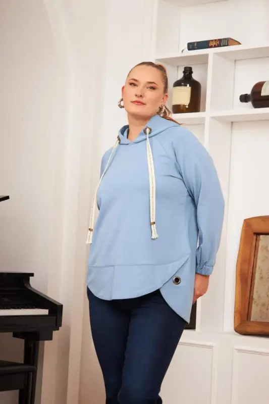 Büyük Beden Süslemeli Bağcıklı Kordon Sweatshirt Mavi - 3