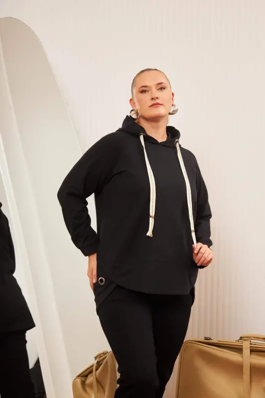 Büyük Beden Süslemeli Bağcıklı Kordon Sweatshirt Siyah - 4