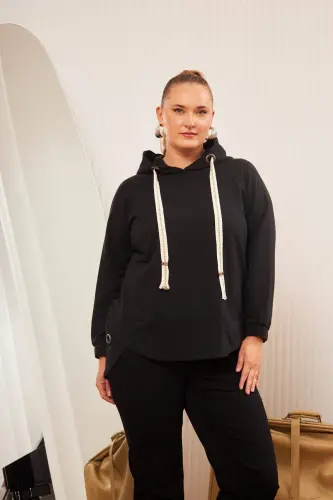 Büyük Beden Süslemeli Bağcıklı Kordon Sweatshirt Siyah - 10