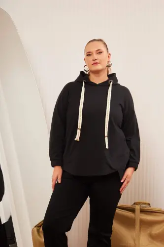 Büyük Beden Süslemeli Bağcıklı Kordon Sweatshirt Siyah - 9