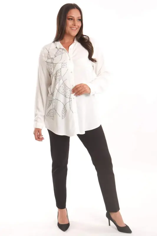 Büyük Beden Taş Baskı Detaylı Dokuma Ekru Gömlek - 2