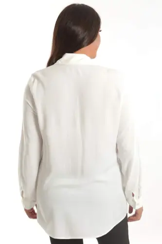 Büyük Beden Taş Baskı Detaylı Dokuma Ekru Gömlek - 6