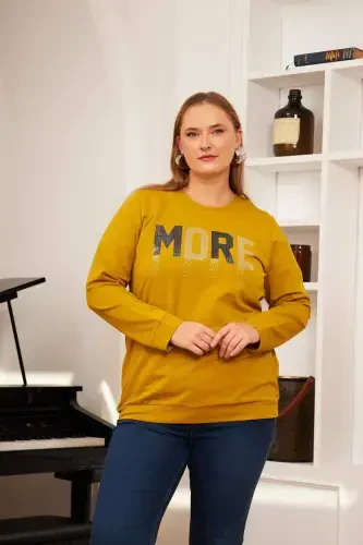 Büyük Beden Taş Baskılı Sweatshirt Oliv - 1