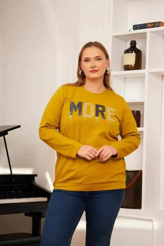 Büyük Beden Taş Baskılı Sweatshirt Oliv - BÜYÜKBEDENIZ