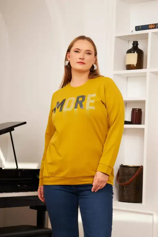 Büyük Beden Taş Baskılı Sweatshirt Oliv - 2