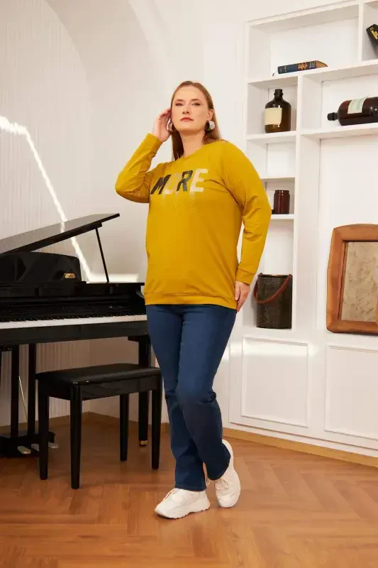 Büyük Beden Taş Baskılı Sweatshirt Oliv - 3