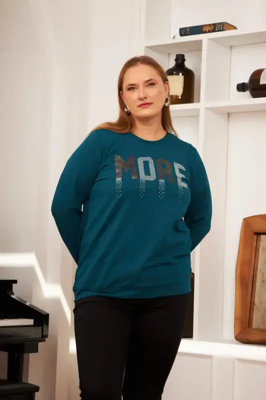 Büyük Beden Taş Baskılı Sweatshirt Petrol - 7