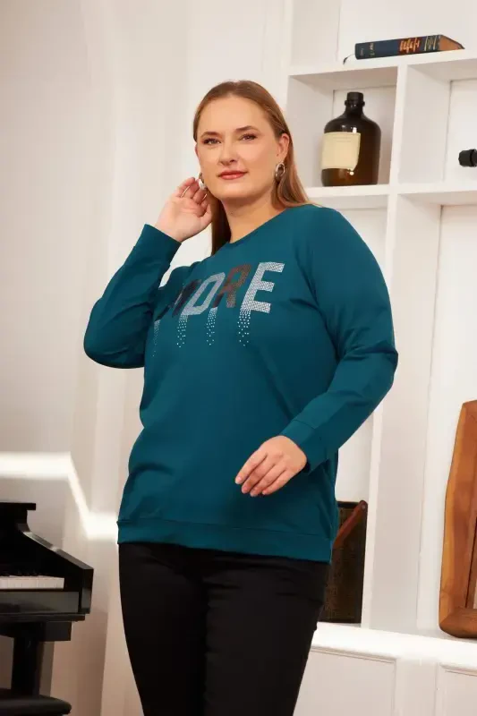 Büyük Beden Taş Baskılı Sweatshirt Petrol - 2