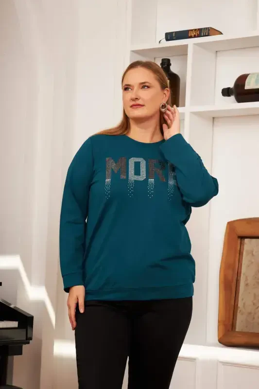 Büyük Beden Taş Baskılı Sweatshirt Petrol - 3