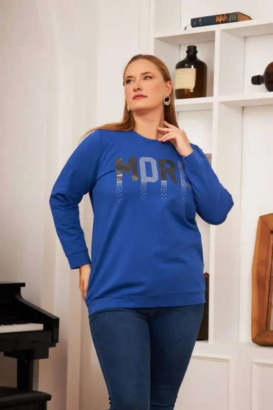 Büyük Beden Taş Baskılı Sweatshirt Saks. - 2