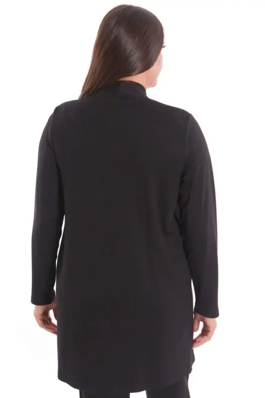 Büyük Beden Taş Baskılı Uzun Siyah Hırka - 9