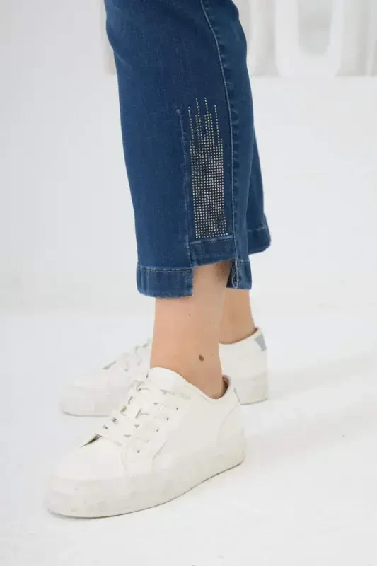 Büyük Beden Taş Detay Denim Kapri Lacivert - 3