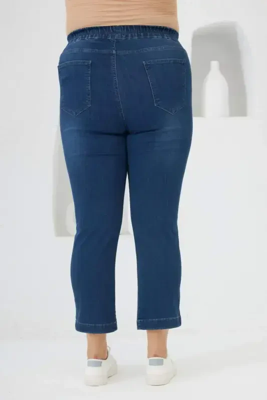 Büyük Beden Taş Detay Denim Kapri Lacivert - 5