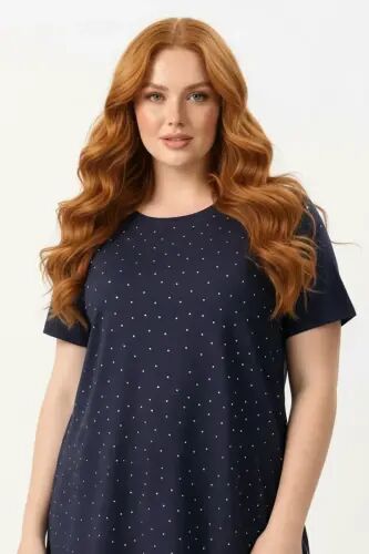 Büyük Beden Taş Detaylı Kısa Kollu Lacivert T-shirt - Büyükbedeniz (1)