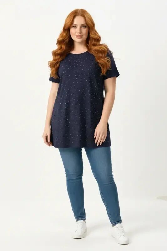 Büyük Beden Taş Detaylı Kısa Kollu Lacivert T-shirt - Büyükbedeniz