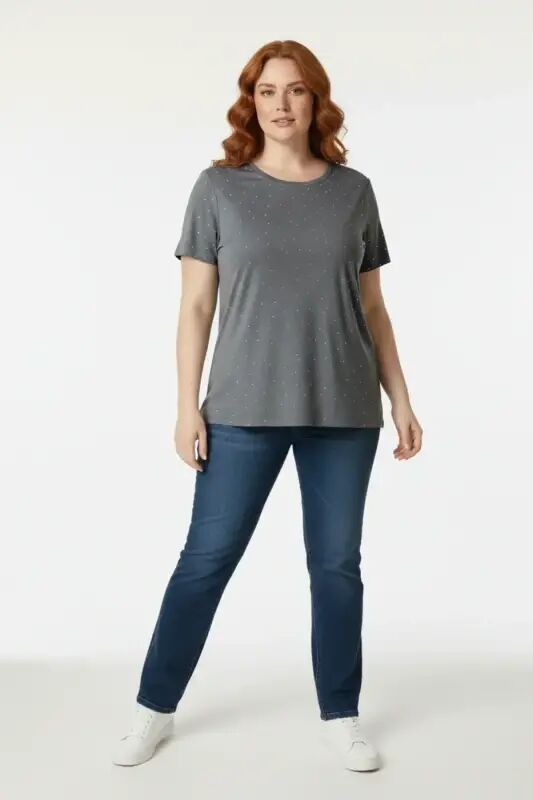 Büyük Beden Taş Detaylı Kısa Kollu T-shirt - Büyükbedeniz