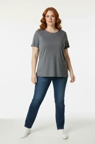 Büyük Beden Taş Detaylı Kısa Kollu T-shirt - 1