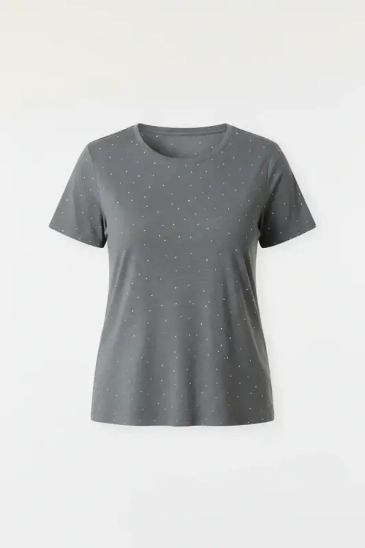 Büyük Beden Taş Detaylı Kısa Kollu T-shirt - 5