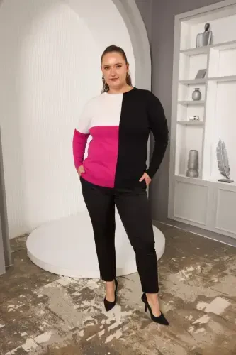 Büyük Beden Triko Garnili Kazak Fuşya - 5