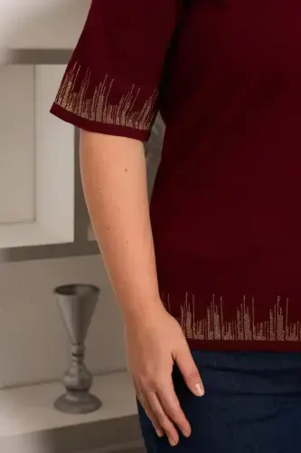 Büyük Beden Triko Kısa Kol Kazak Bordo - 4