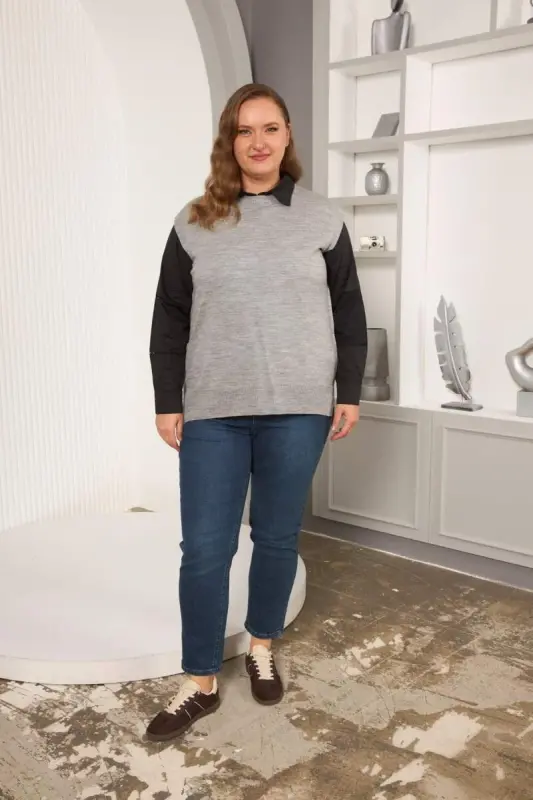 Büyük Beden Triko Süveter A.Gri - 5