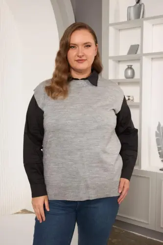 Büyük Beden Triko Süveter A.Gri - BÜYÜKBEDENIZ (1)