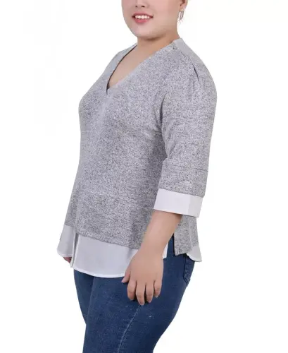 Plus Size Long Sleeve 2-In 1 Top - Heather Gray White - 3