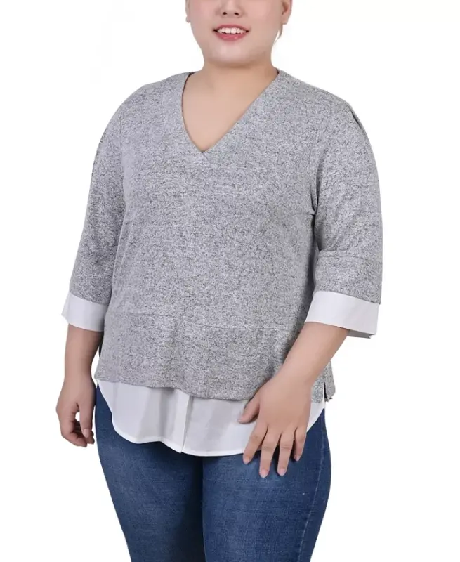 Plus Size Long Sleeve 2-In 1 Top-Heather Gray White - NY COLLECTION