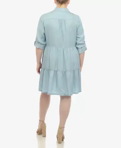 Plus Size Long Sleeve Tiered Midi Shirt Dress - Denim Blue - 2