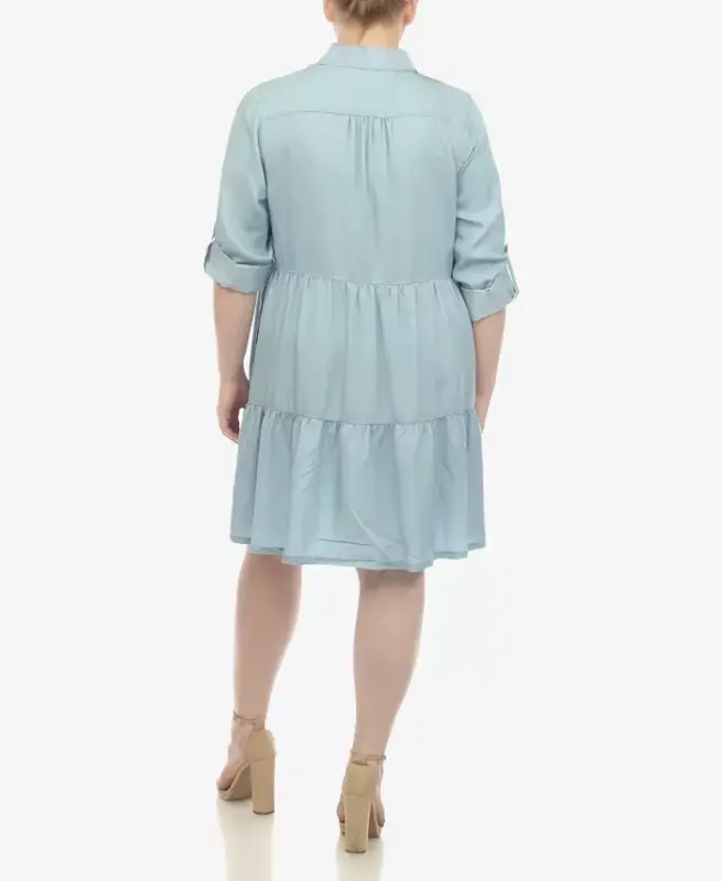 Plus Size Long Sleeve Tiered Midi Shirt Dress - Denim Blue - 2