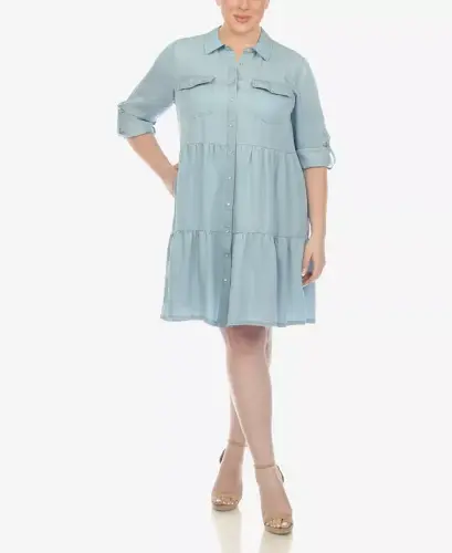 Plus Size Long Sleeve Tiered Midi Shirt Dress - Denim Blue - 5