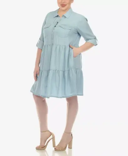 Plus Size Long Sleeve Tiered Midi Shirt Dress - 3