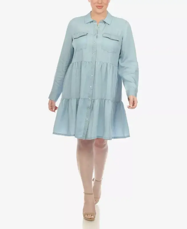 Plus Size Long Sleeve Tiered Midi Shirt Dress - WHITE MARK