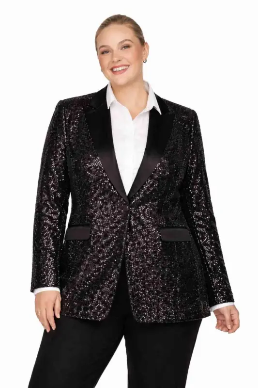 Büyük Beden Uzun Payet Blazer – Abiye Üstü Şık Ceket (62 Bedene Kadar) ND4032 - 1
